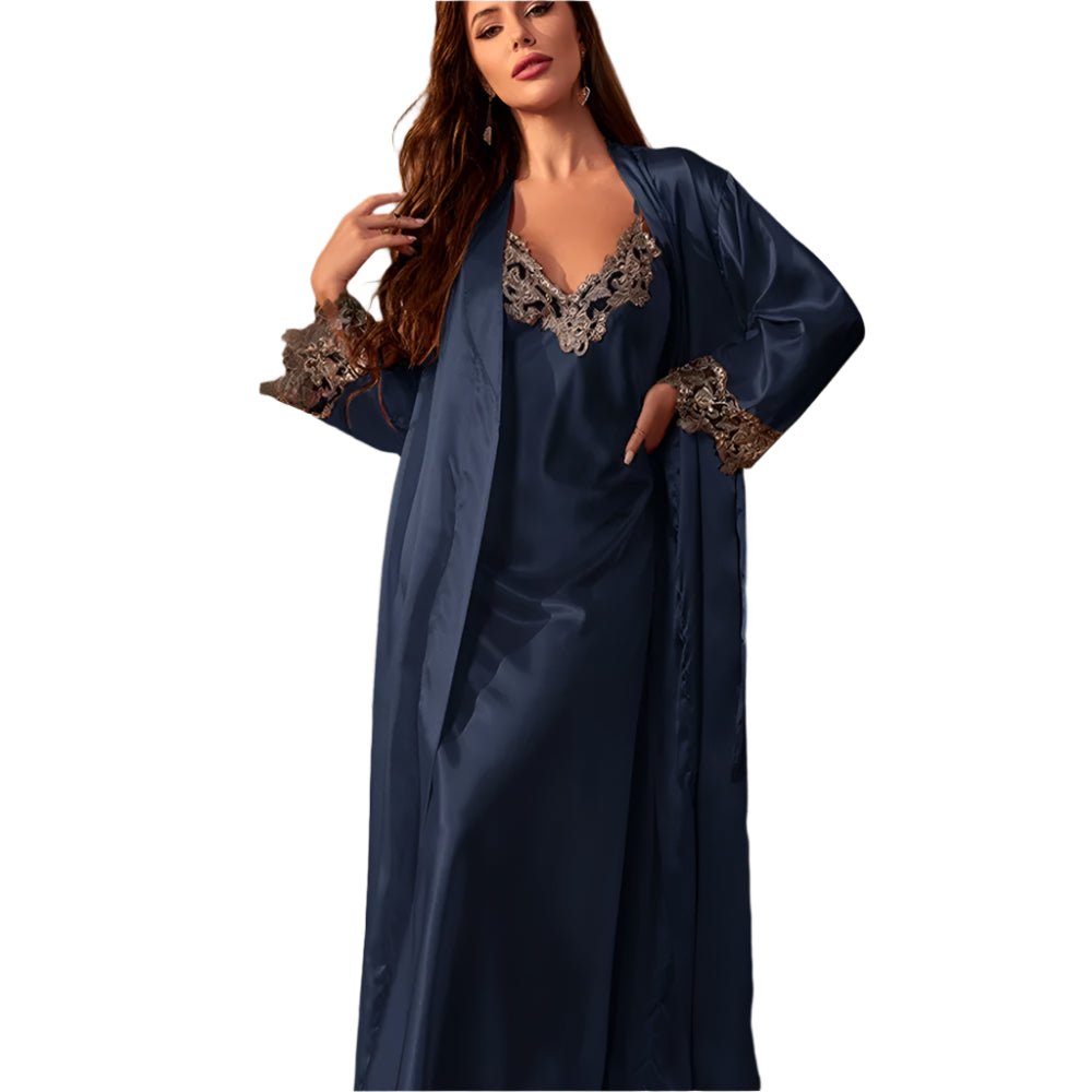 SaneShoppe - Long Twinset Robe Set with Lace Trim Nightdress, Satin Home Wear