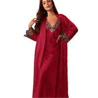 SaneShoppe Long Twinset Robe Set with Lace Trim Nightdress, Satin Home Wear Long Twinset Robe Set with Lace Trim Nightdress, Satin Home Wear