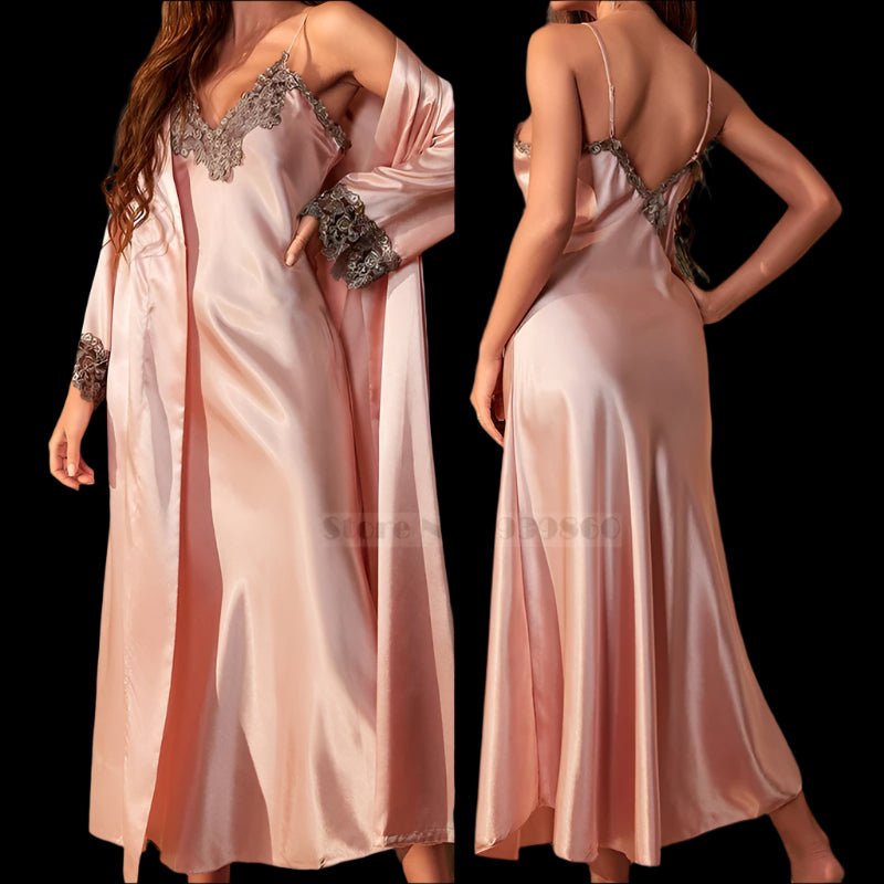 SaneShoppe - Long Twinset Robe Set with Lace Trim Nightdress, Satin Home Wear
