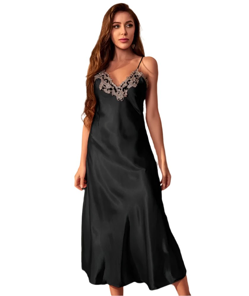 SaneShoppe - Long Twinset Robe Set with Lace Trim Nightdress, Satin Home Wear