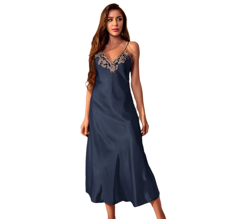 SaneShoppe - Long Twinset Robe Set with Lace Trim Nightdress, Satin Home Wear