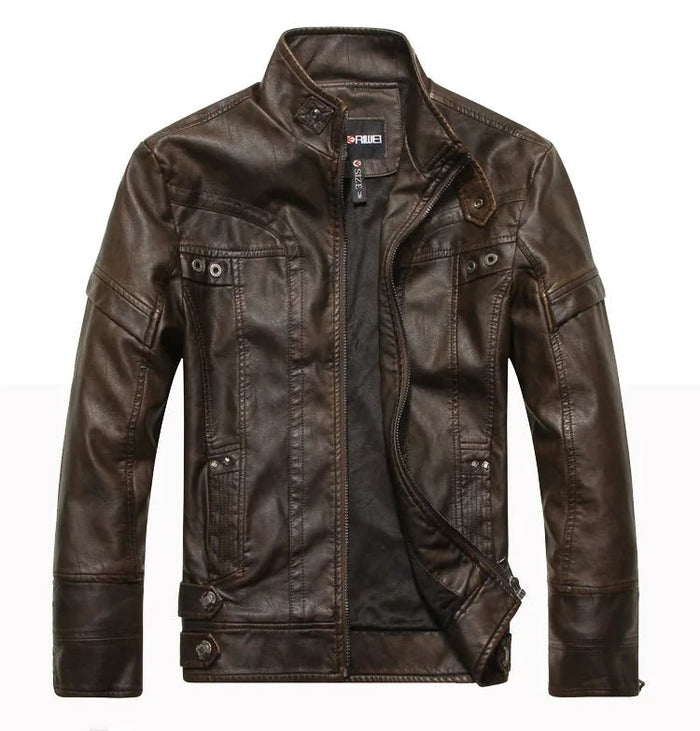 SaneShoppe - Men's PU Leather Jacket Cotton Coat for Motorcycle Autumn Winter Fleece Lining Casual Style