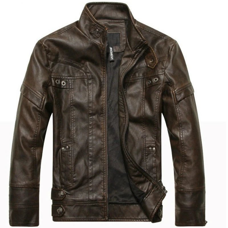 SaneShoppe - Men's PU Leather Jacket Cotton Coat for Motorcycle Autumn Winter Fleece Lining Casual Style