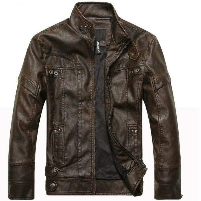 SaneShoppe - Men's PU Leather Jacket Cotton Coat for Motorcycle Autumn Winter Fleece Lining Casual Style