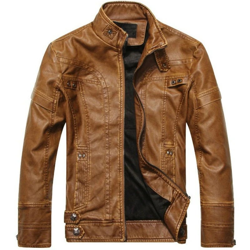 SaneShoppe - Men's PU Leather Jacket Cotton Coat for Motorcycle Autumn Winter Fleece Lining Casual Style