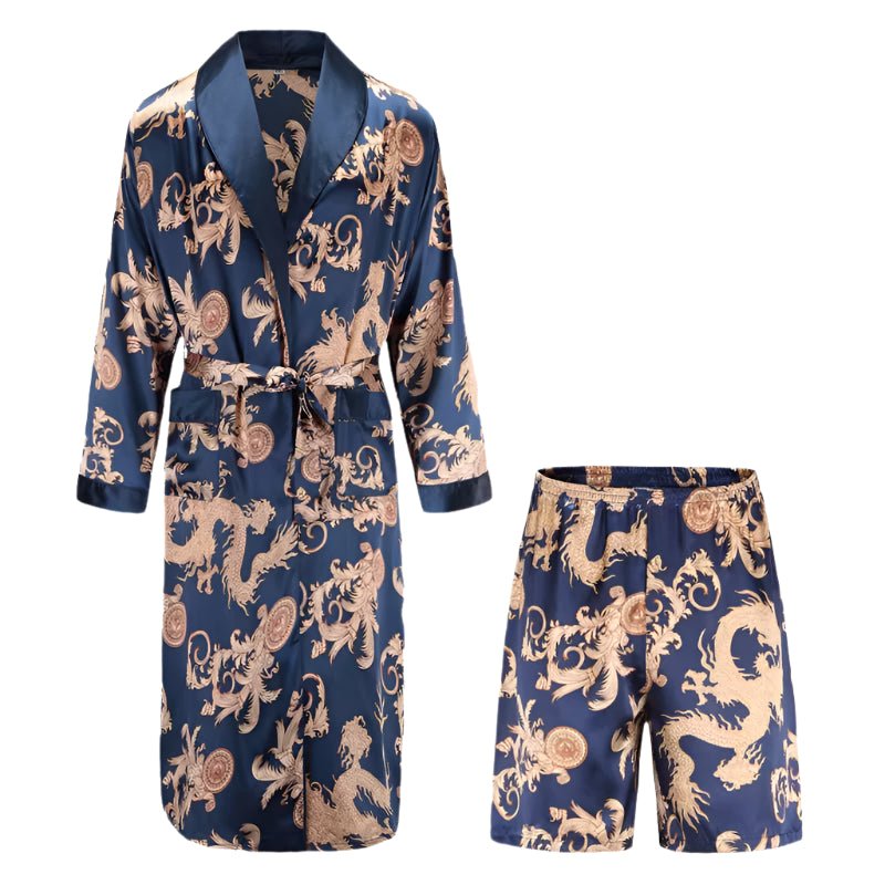 SaneShoppe - Men's Satin Pajama Set: Ice Silk Shirt & Pants Long Sleeve Bathrobe with Pocket