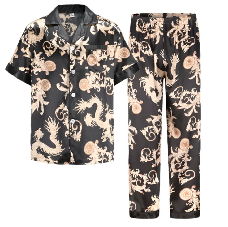 SaneShoppe Men's Satin Pajama Set: Ice Silk Shirt & Pants Long Sleeve Bathrobe with Pocket