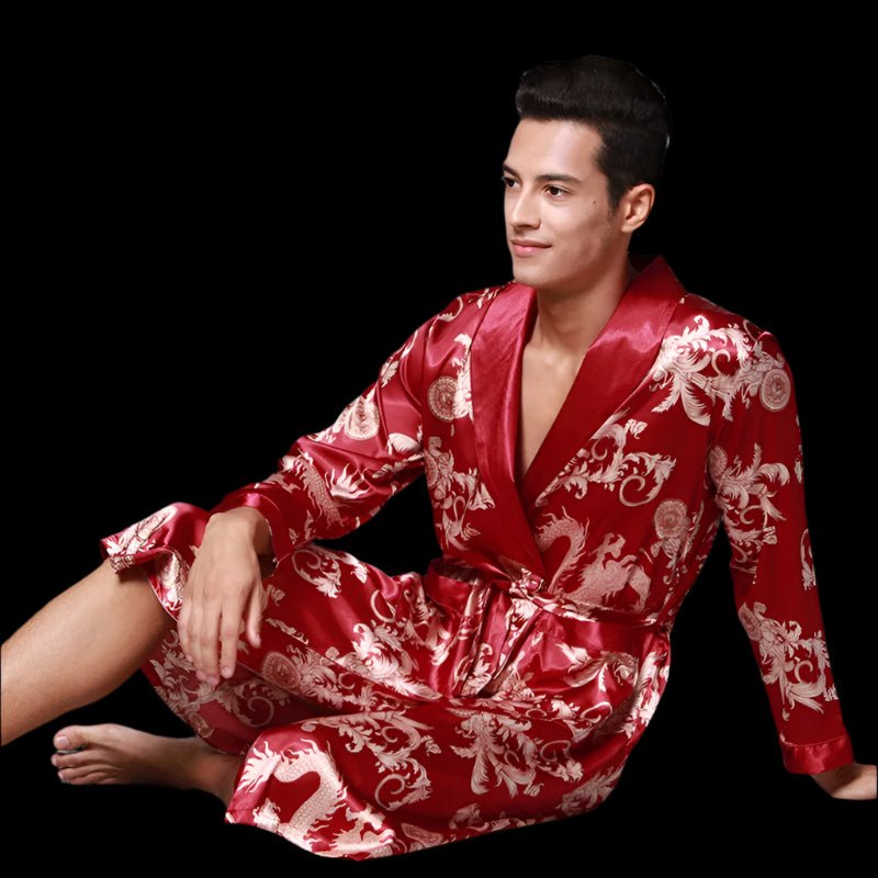 SaneShoppe Men's Satin Pajama Set: Ice Silk Shirt & Pants Long Sleeve Bathrobe with Pocket