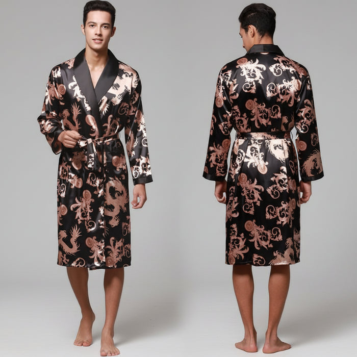 SaneShoppe - Men's Satin Pajama Set: Ice Silk Shirt & Pants Long Sleeve Bathrobe with Pocket