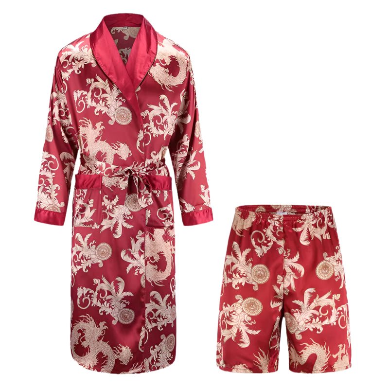 SaneShoppe - Men's Satin Pajama Set: Ice Silk Shirt & Pants Long Sleeve Bathrobe with Pocket