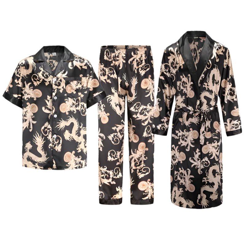SaneShoppe - Men's Satin Pajama Set: Ice Silk Shirt & Pants Long Sleeve Bathrobe with Pocket