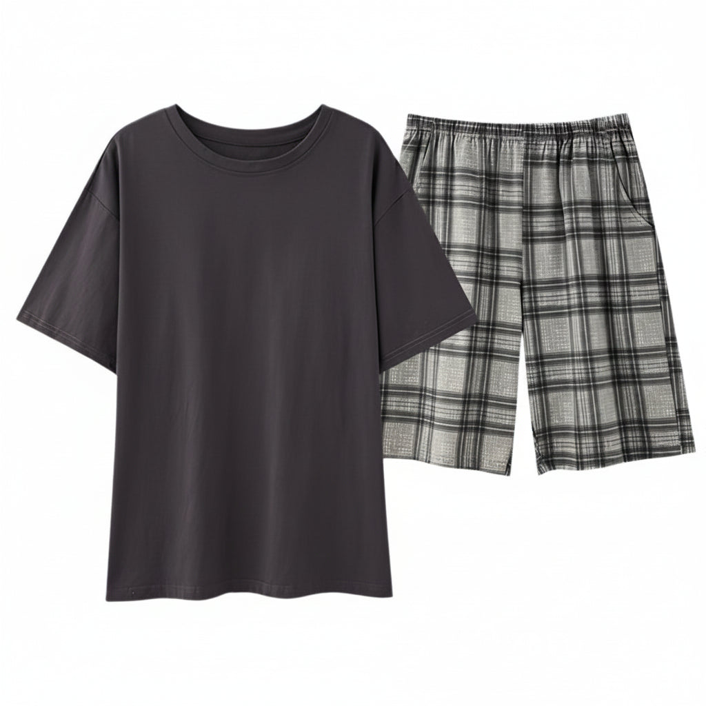 SaneShoppe - Men's Summer Faux Cotton Pyjama Set | Short Sleeve & Shorts