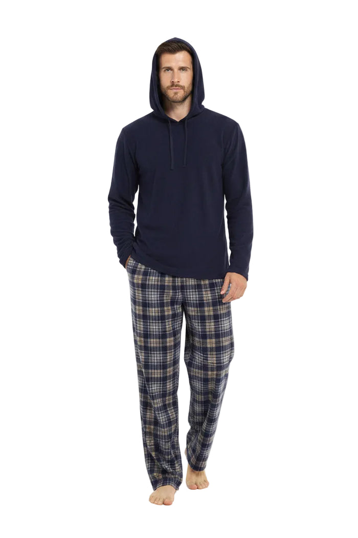 SaneShoppe - Men's Winter Hooded Check Fleece Pyjama Set Warm Cozy Nightwear with Stylish Check Bottoms
