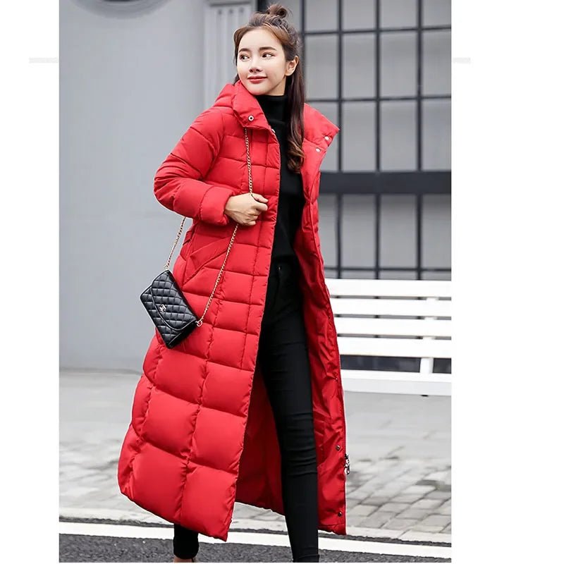 SaneShoppe - New Winter Over Knee Loose Large Fur Collar Hooded Warm Thick Parkas Women Padded Overcoat