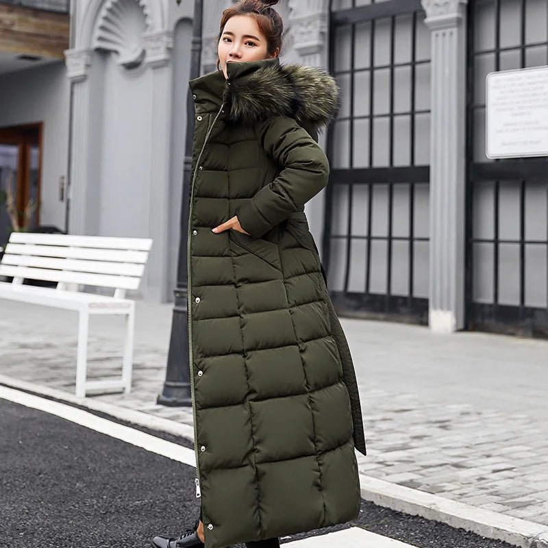 SaneShoppe - New Winter Over Knee Loose Large Fur Collar Hooded Warm Thick Parkas Women Padded Overcoat