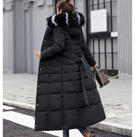SaneShoppe - New Winter Over Knee Loose Large Fur Collar Hooded Warm Thick Parkas Women Padded Overcoat