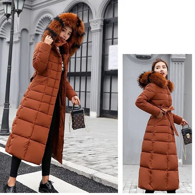 SaneShoppe - New Winter Over Knee Loose Large Fur Collar Hooded Warm Thick Parkas Women Padded Overcoat