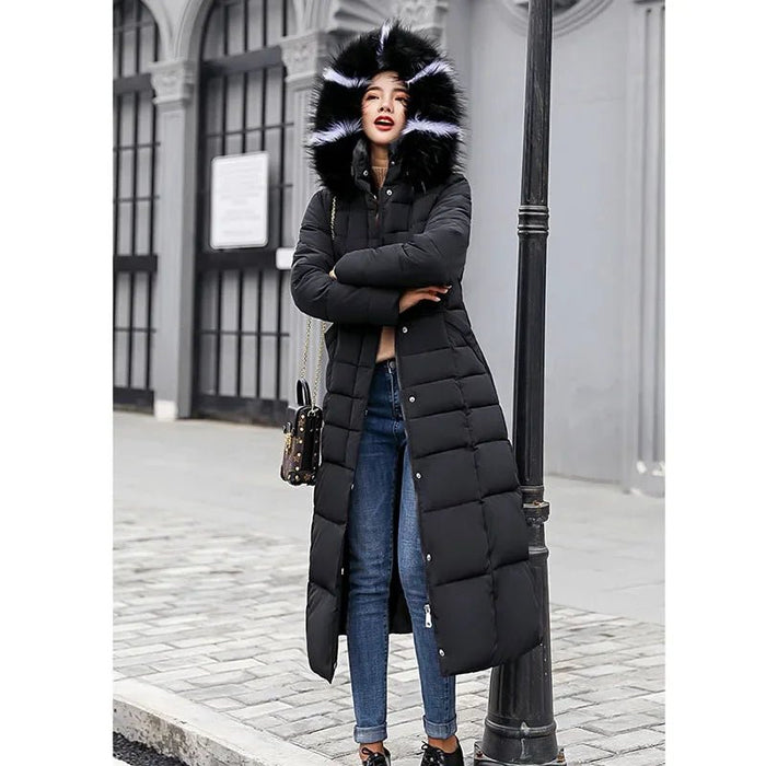 SaneShoppe - New Winter Over Knee Loose Large Fur Collar Hooded Warm Thick Parkas Women Padded Overcoat