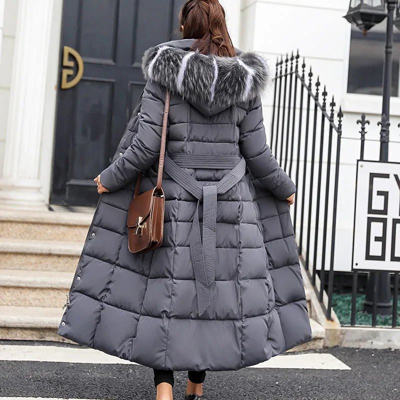 SaneShoppe - New Winter Over Knee Loose Large Fur Collar Hooded Warm Thick Parkas Women Padded Overcoat