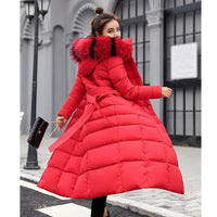 SaneShoppe - New Winter Over Knee Loose Large Fur Collar Hooded Warm Thick Parkas Women Padded Overcoat