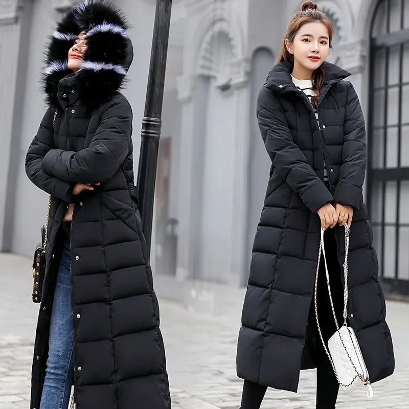 SaneShoppe - New Winter Over Knee Loose Large Fur Collar Hooded Warm Thick Parkas Women Padded Overcoat