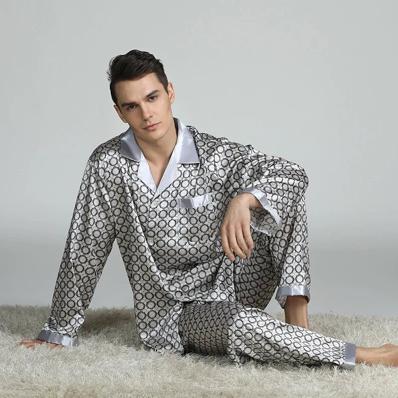 SaneShoppe - PLUS SIZE Men's Pajamas 2PCS Set Long Sleeve Loose Print Silk Satin Lounge Wear