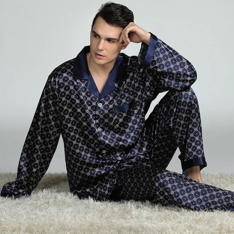 SaneShoppe - PLUS SIZE Men's Pajamas 2PCS Set Long Sleeve Loose Print Silk Satin Lounge Wear