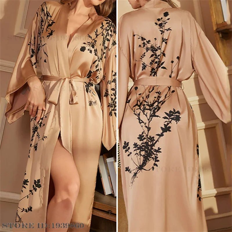 SaneShoppe - Plus Size Women's Satin Long Robe Gown Sleepwear, Flower Print Kimono Bathrobe