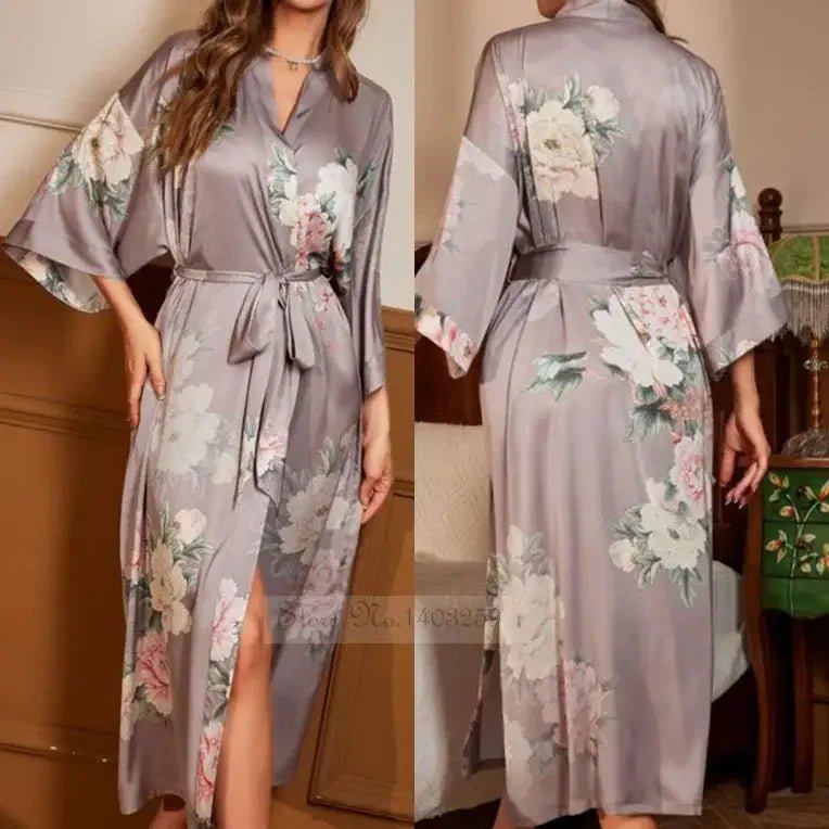 SaneShoppe Plus Size Women's Satin Long Robe Gown Sleepwear, Flower Print Kimono Bathrobe