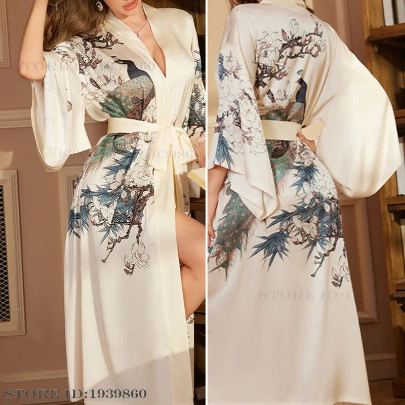 SaneShoppe - Plus Size Women's Satin Long Robe Gown Sleepwear, Flower Print Kimono Bathrobe