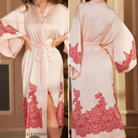 SaneShoppe Plus Size Women's Satin Long Robe Gown Sleepwear, Flower Print Kimono Bathrobe