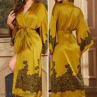 SaneShoppe - Plus Size Women's Satin Long Robe Gown Sleepwear, Flower Print Kimono Bathrobe