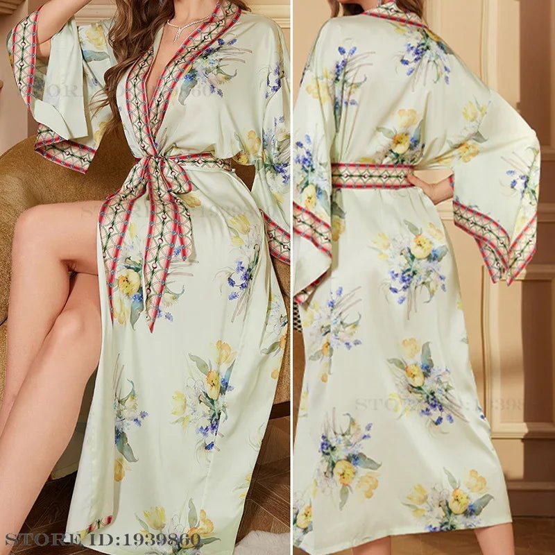 SaneShoppe - Plus Size Women's Satin Long Robe Gown Sleepwear, Flower Print Kimono Bathrobe