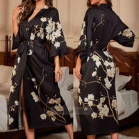SaneShoppe Plus Size Women's Satin Long Robe Gown Sleepwear, Flower Print Kimono Bathrobe