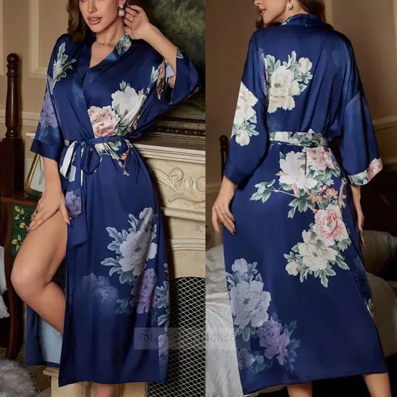SaneShoppe Plus Size Women's Satin Long Robe Gown Sleepwear, Flower Print Kimono Bathrobe