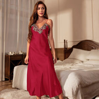 SaneShoppe - Satin Female Long Twin Set Robe, Lace Trim Nightgown, Kimono Nightdress