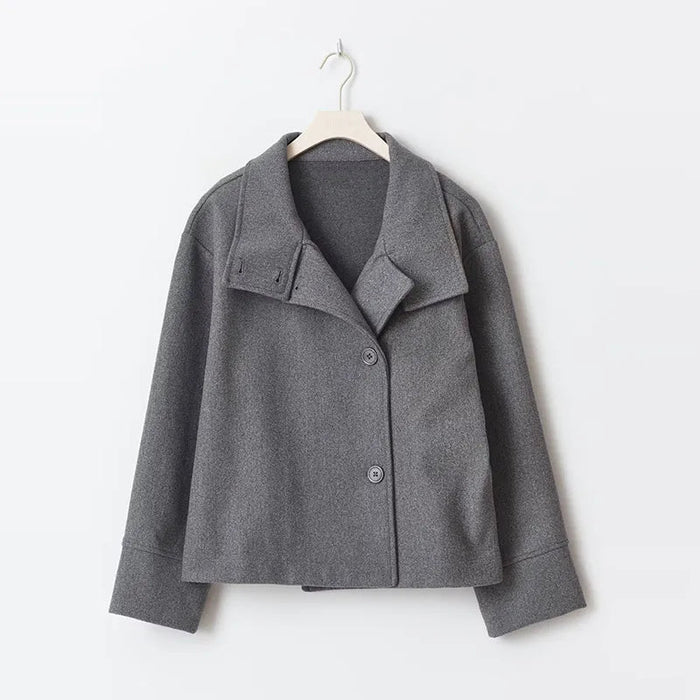 SaneShoppe - Street Women's Short Woolen Coat Stand Collar Single Breasted Long Sleeve Pockets Jacket 2025 Autumn Lady Casual Commute Outwear