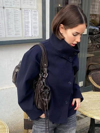 SaneShoppe - Street Women's Short Woolen Coat Stand Collar Single Breasted Long Sleeve Pockets Jacket 2025 Autumn Lady Casual Commute Outwear