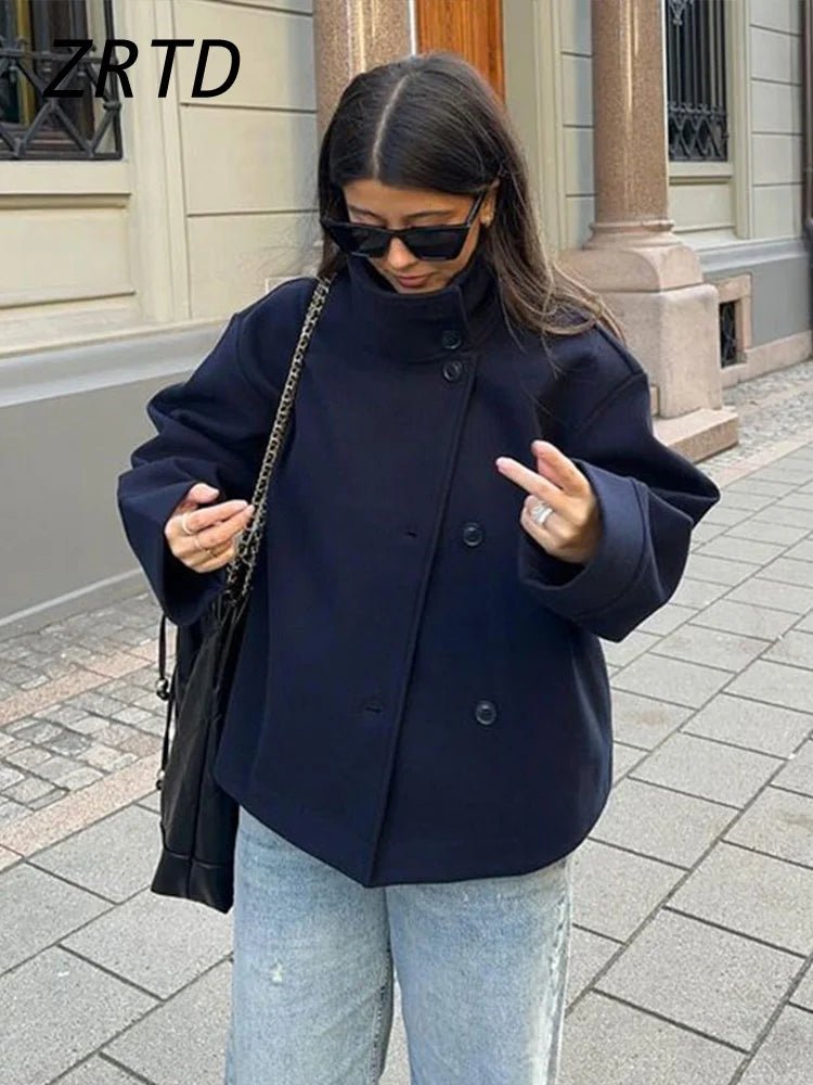 SaneShoppe Street Women's Short Woolen Coat Stand Collar Single Breasted Long Sleeve Pockets Jacket 2025 Autumn Lady Casual Commute Outwear