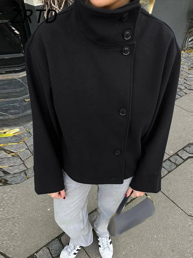 SaneShoppe - Street Women's Short Woolen Coat Stand Collar Single Breasted Long Sleeve Pockets Jacket 2025 Autumn Lady Casual Commute Outwear