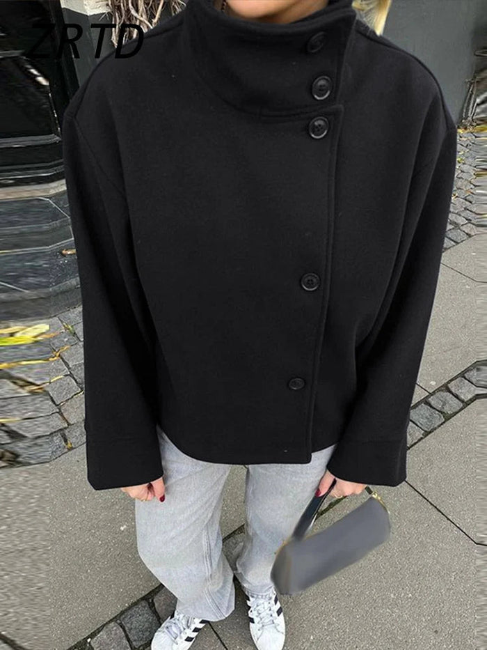 SaneShoppe - Street Women's Short Woolen Coat Stand Collar Single Breasted Long Sleeve Pockets Jacket 2025 Autumn Lady Casual Commute Outwear