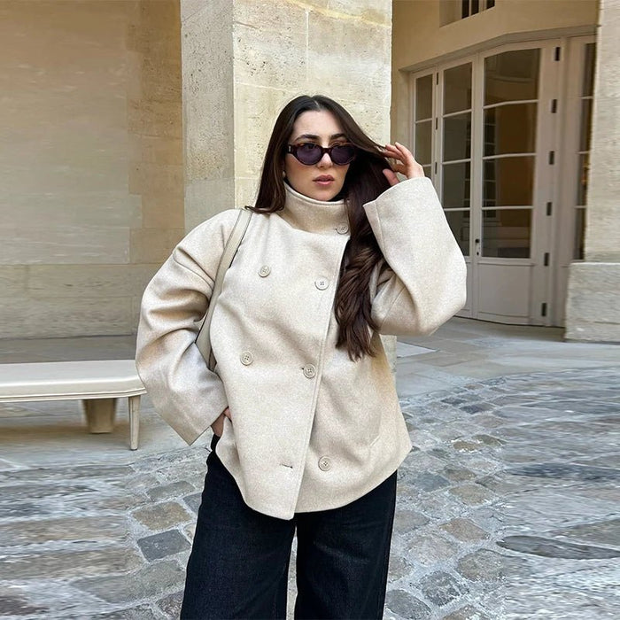 SaneShoppe - Street Women's Short Woolen Coat Stand Collar Single Breasted Long Sleeve Pockets Jacket 2025 Autumn Lady Casual Commute Outwear