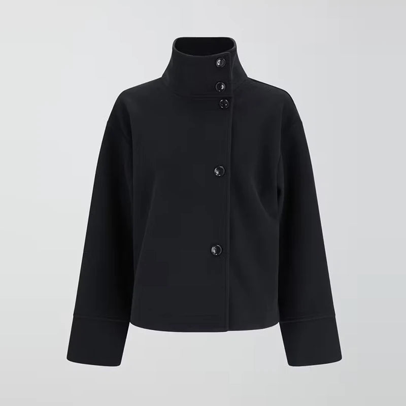 SaneShoppe - Street Women's Short Woolen Coat Stand Collar Single Breasted Long Sleeve Pockets Jacket 2025 Autumn Lady Casual Commute Outwear