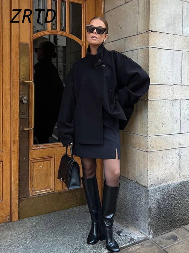 SaneShoppe - Street Women's Short Woolen Coat Stand Collar Single Breasted Long Sleeve Pockets Jacket 2025 Autumn Lady Casual Commute Outwear