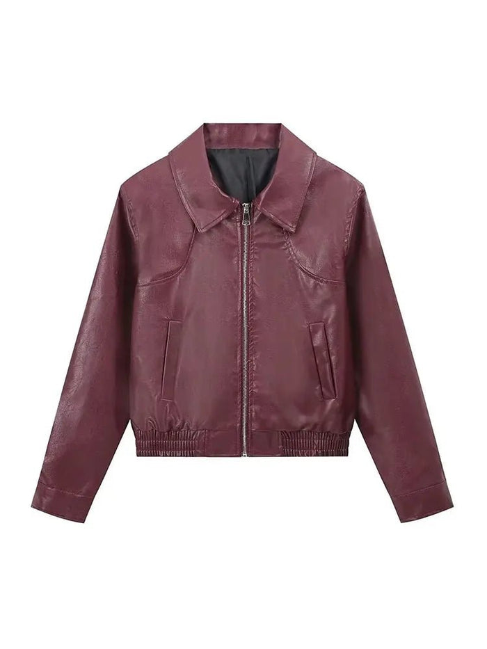 SaneShoppe - TRAFZA Vintage Women's Bomber Jacket Long Sleeves Lapel Loose Zipper Short Coat for Autumn