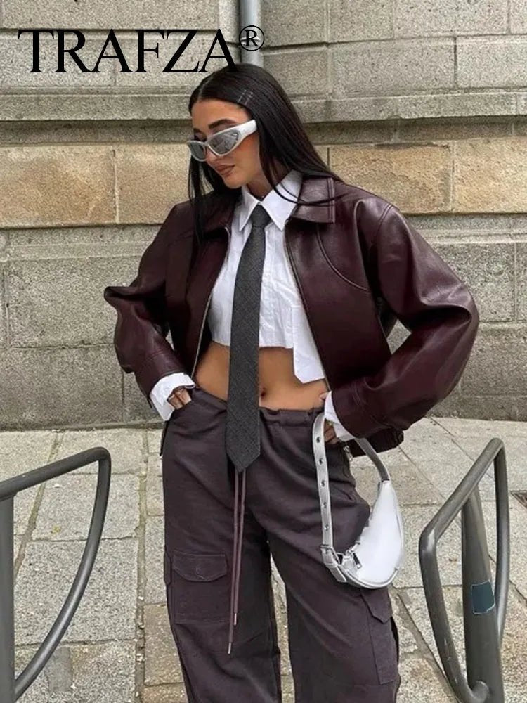 SaneShoppe - TRAFZA Vintage Women's Bomber Jacket Long Sleeves Lapel Loose Zipper Short Coat for Autumn