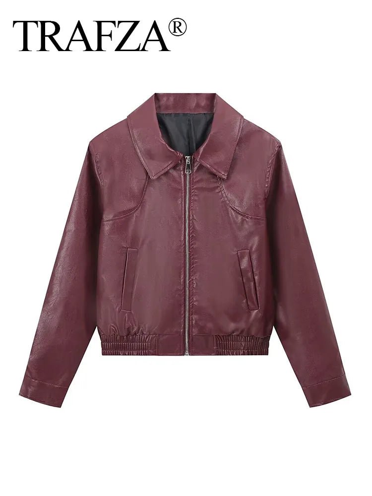 SaneShoppe - TRAFZA Vintage Women's Bomber Jacket Long Sleeves Lapel Loose Zipper Short Coat for Autumn