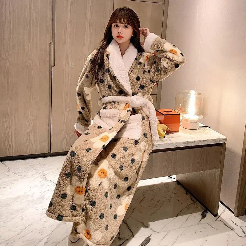 SaneShoppe - Fleece Bathrobe Dressing Gown Women Robe Cozy Night Sleepwear Plus Size