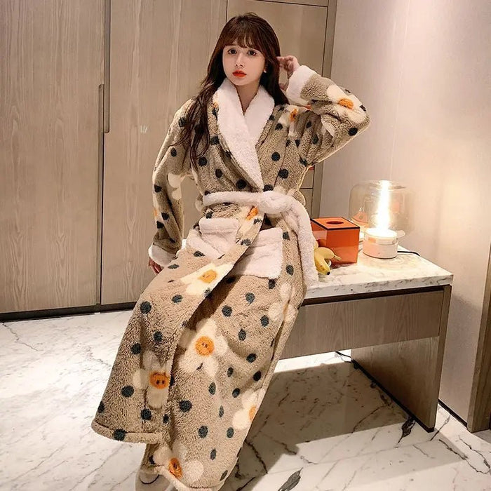 SaneShoppe - Fleece Bathrobe Dressing Gown Women Robe Cozy Night Sleepwear Plus Size
