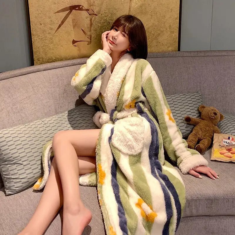 SaneShoppe - Fleece Bathrobe Dressing Gown Women Robe Cozy Night Sleepwear Plus Size